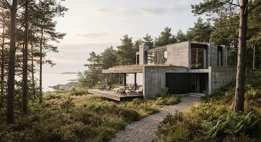 Illustrative architectural website featuring a contemporary home in a forest